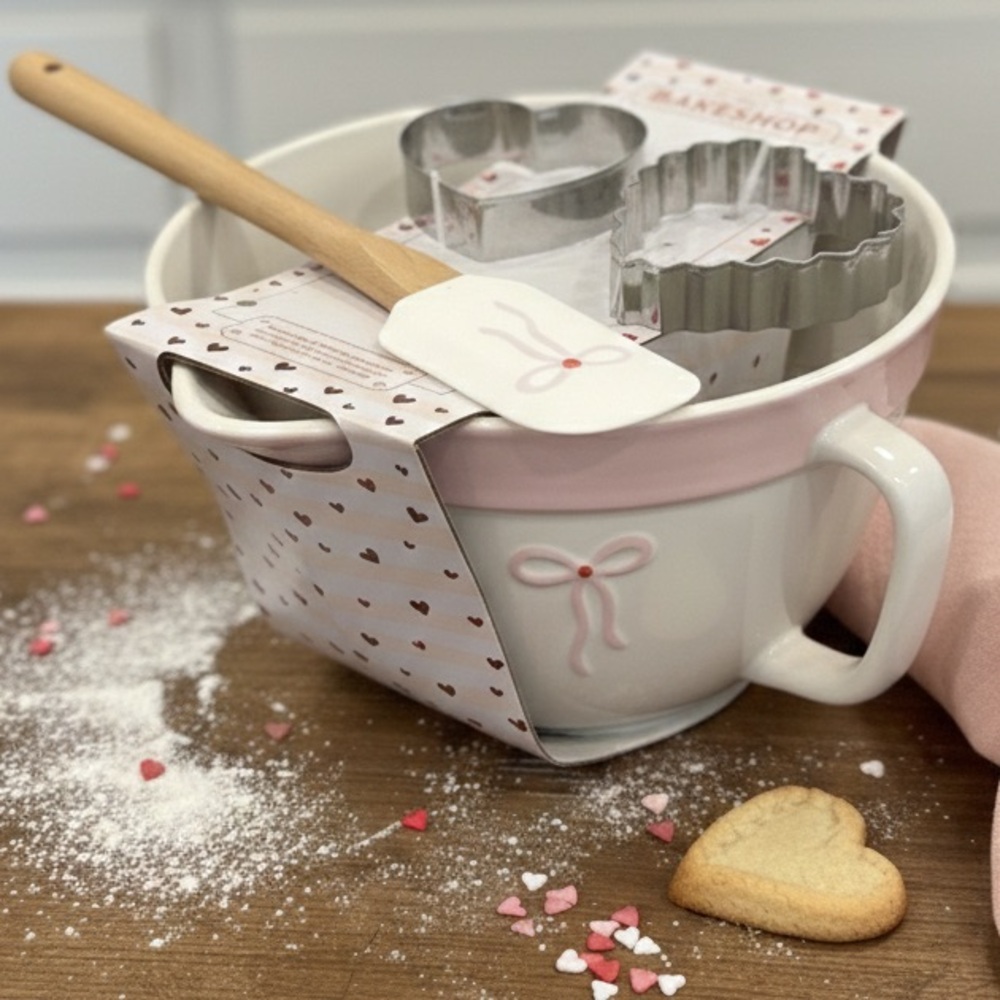 The Bakeshop Bow Ceramic Mixing Bowl Set with spatula, cookie cutters & recipe.